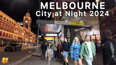 Melbourne Australia at Night City Walking Tour - End of Winter 2024 4K Video